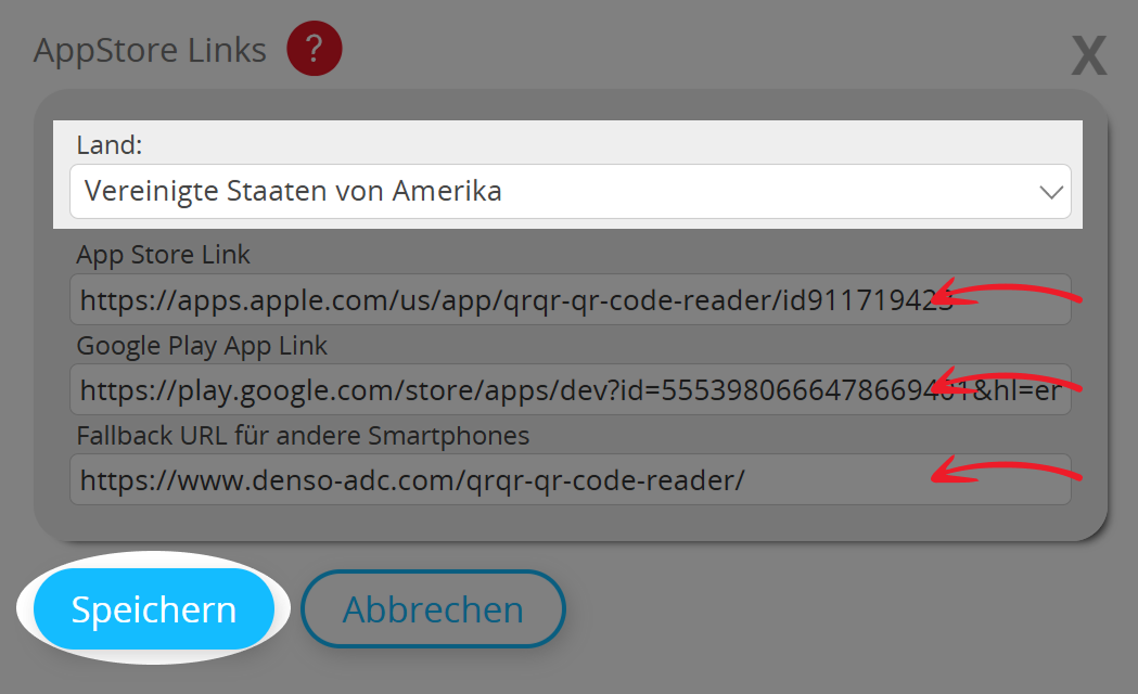 Screenshot der Dropdown-Liste "Land" auf der Konfigurationsseite für den App Store QR Code (Bearbeiten) 