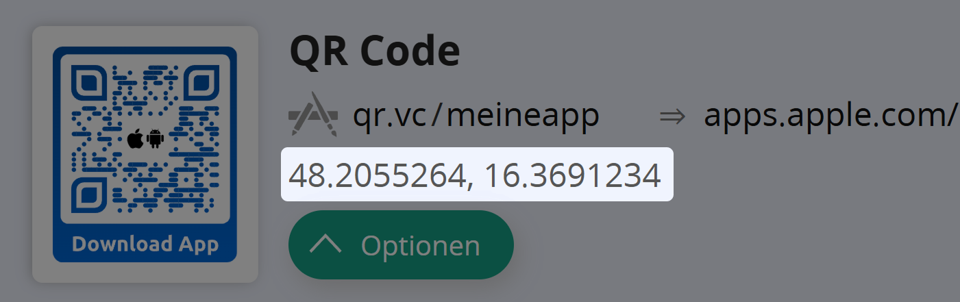 Screenshot der Standortdaten im Informationsbereich des QR Codes. 