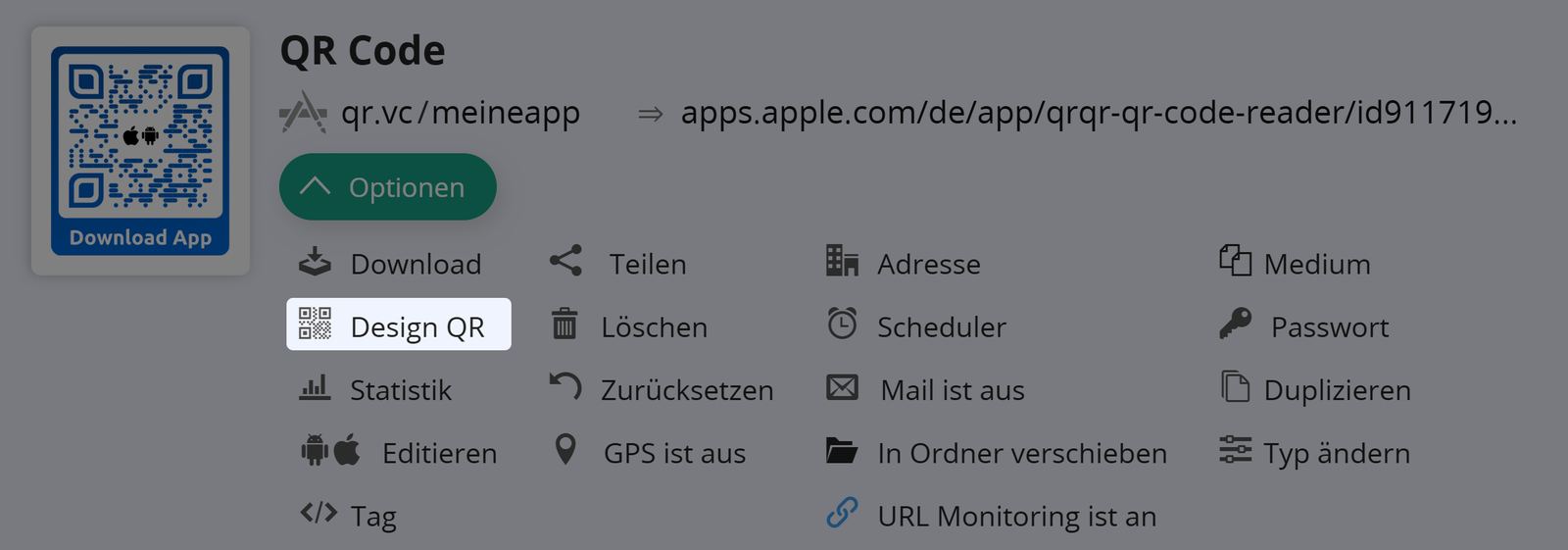 Screenshot der Schaltfläche "QR Design" in der Registerkarte "Optionen" eines QR Codes 