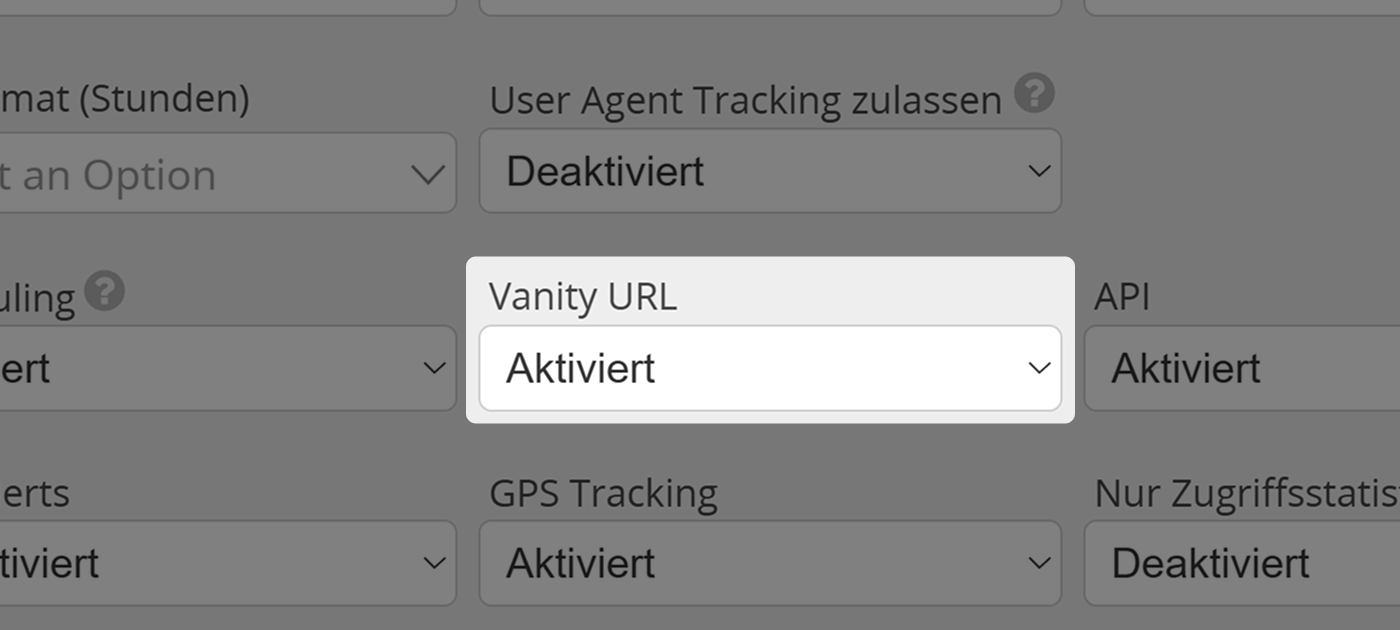 Screenshot der Vanity-URL-Einstellung im Tab "Berechtigungen" im Benutzermenü für Administratoren 