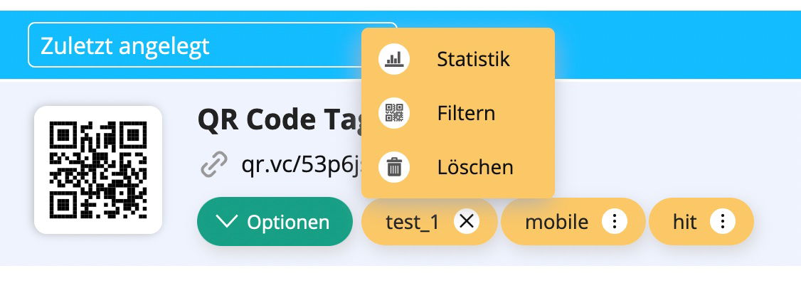 Tag Menü für Statistik, Filtern und Löschen