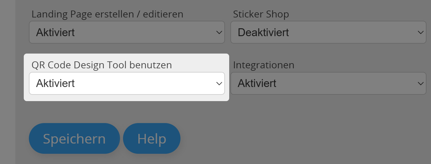 Screenshot der Einstellung "QR Code Design Tool" im Tab "Berechtigungen" im Benutzermenü für Administratoren 