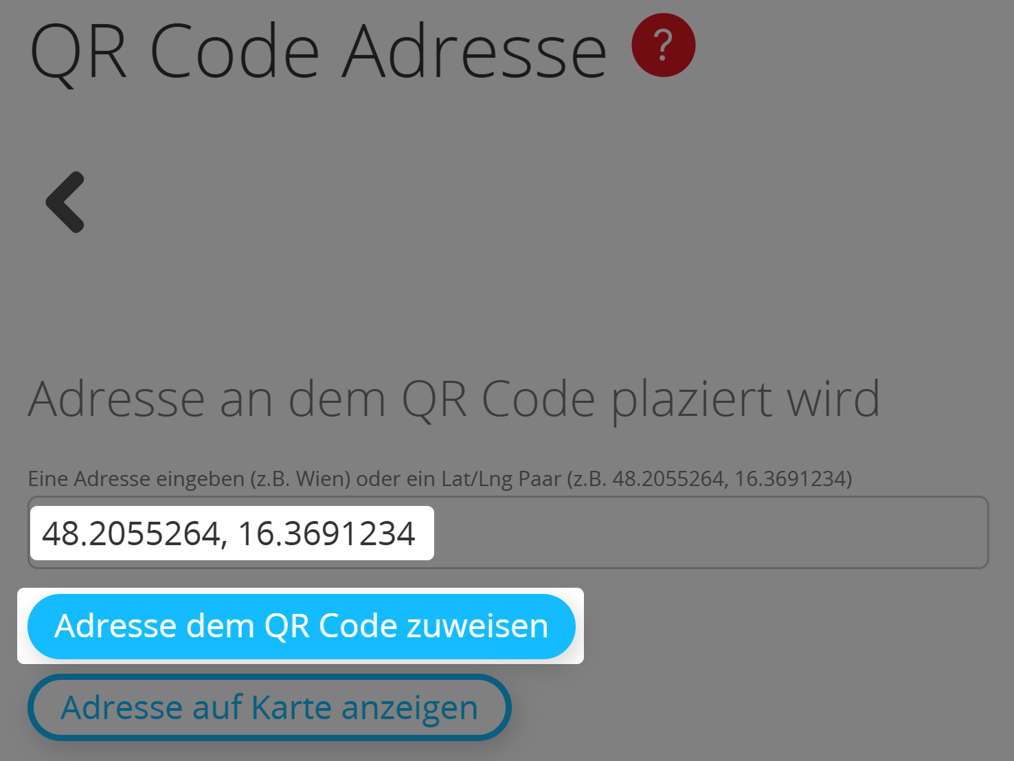 Screenshot des Adressfeldes und der Schaltfläche "Adresse dem QR Code zuweisen" im QR Code Location Editor 
