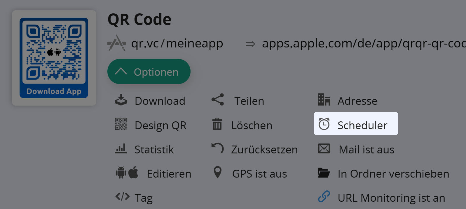 Screenshot der Schaltfläche "Scheduler" in den QR Code-Optionen 
