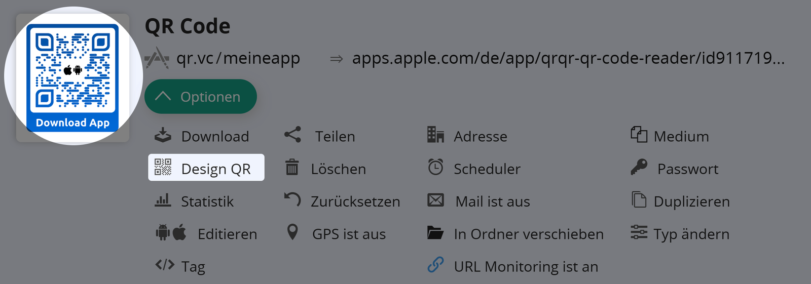Screenshot der QR Code-Optionen 
