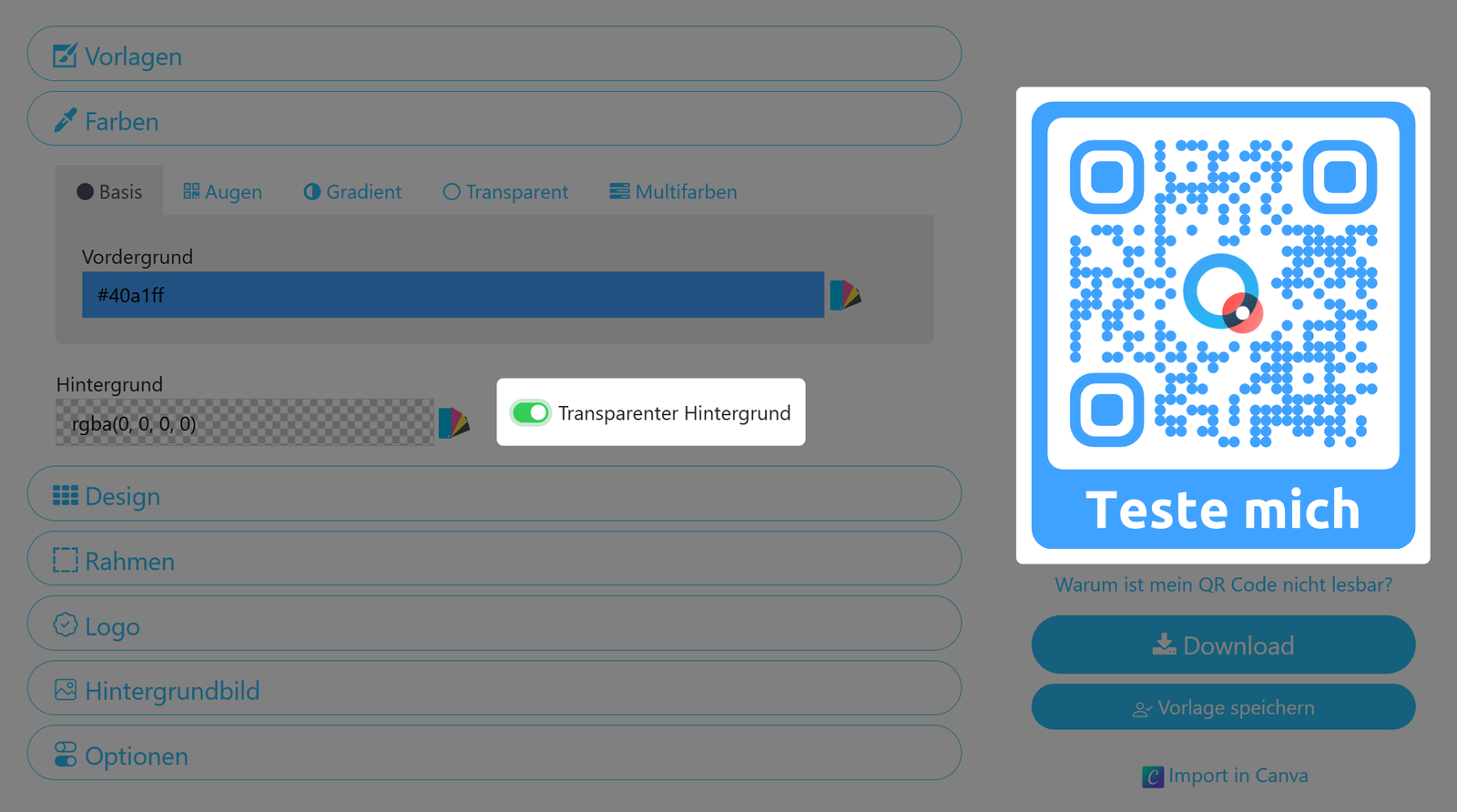 Screenshot der Option Transparenter Hintergrund für QR Codes 