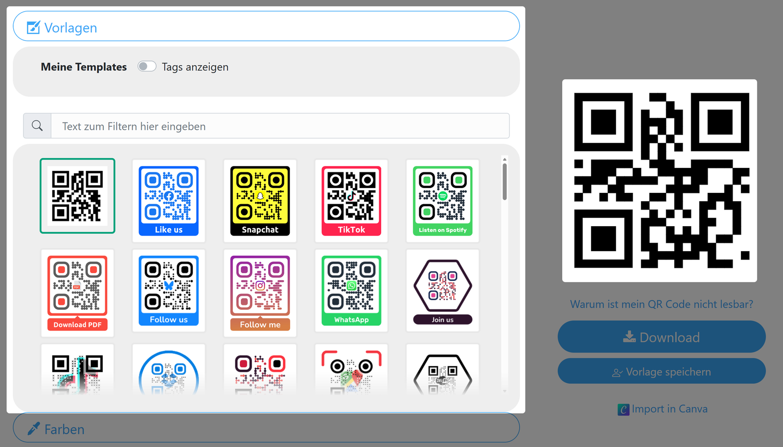 Screenshot der Designvorlagen 