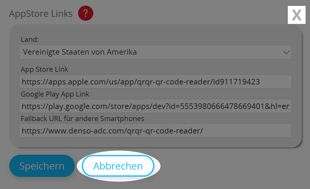 Screenshot der Schaltflächen "Beenden" und "Abbrechen" auf der Konfigurationsseite des App Store QR Codes (Bearbeiten) 