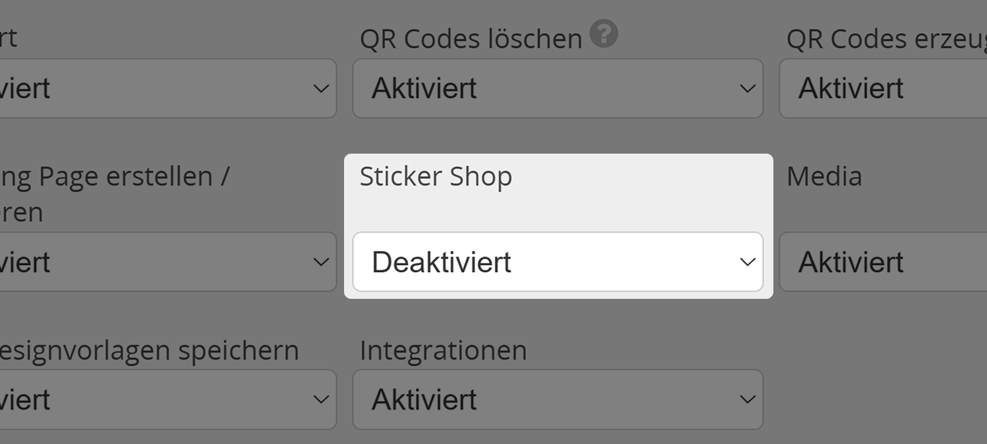Screenshot der Einstellung "Sticker Shop" im Tab "Berechtigungen" im Benutzermenü für Administratoren 