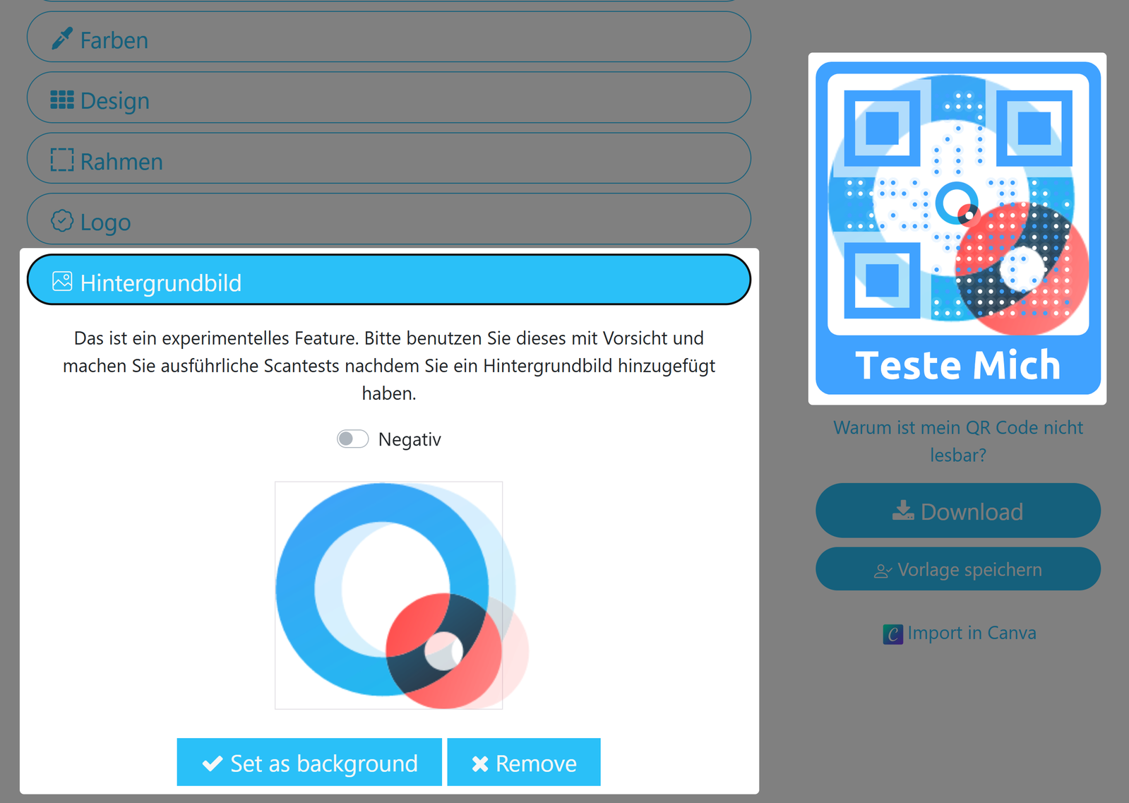 Screenshot der Registerkarte „Hintergrundbild“ 