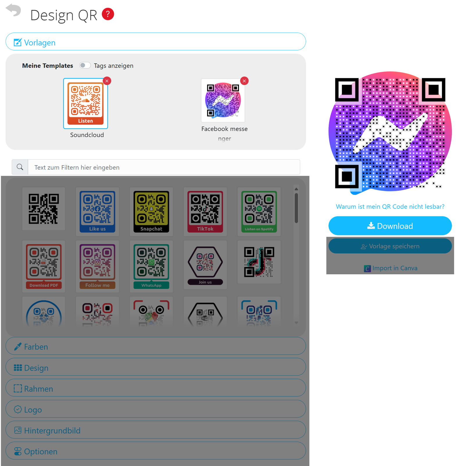 Screenshot des QR-Design-Tools mit ausgeblendeten Schaltflächen 