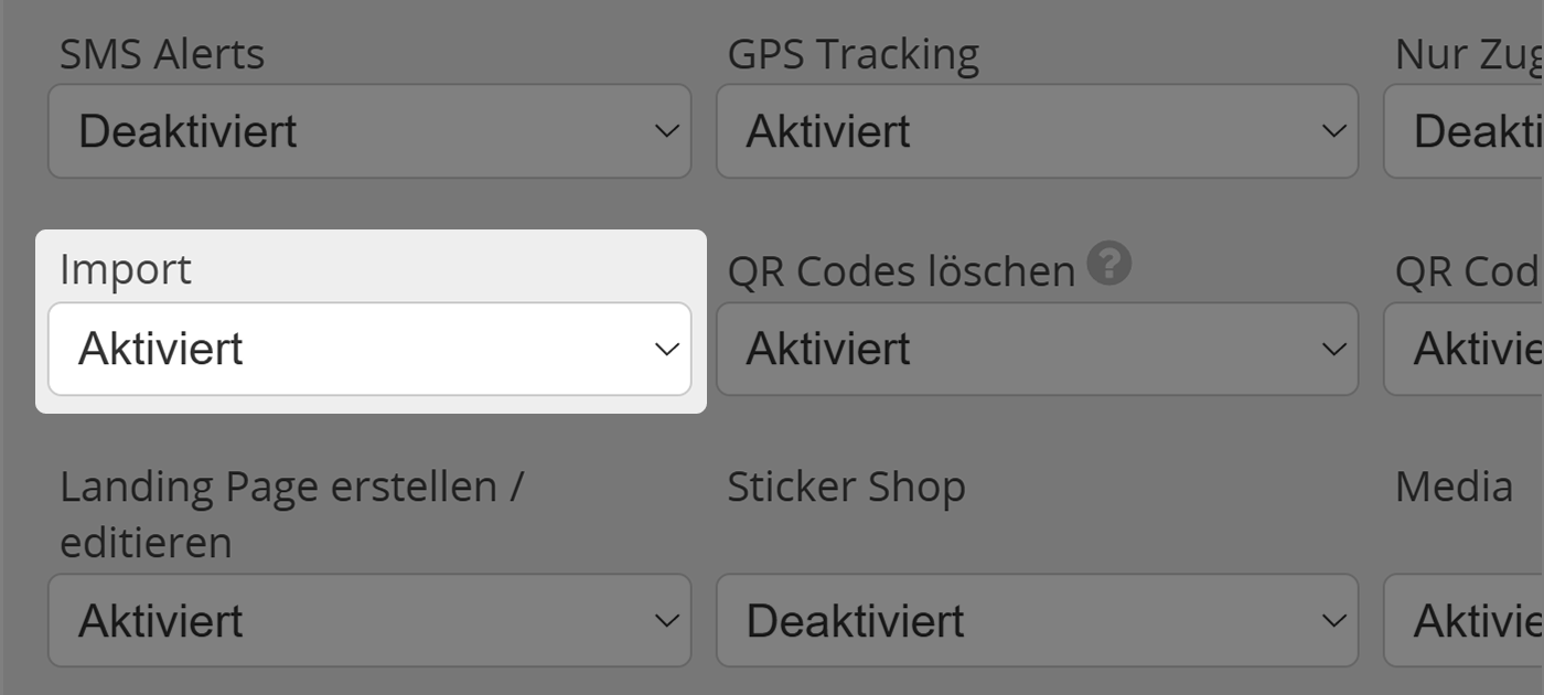 Screenshot der Einstellung "Import" im Tab "Berechtigungen" im Benutzermenü für Administratoren 