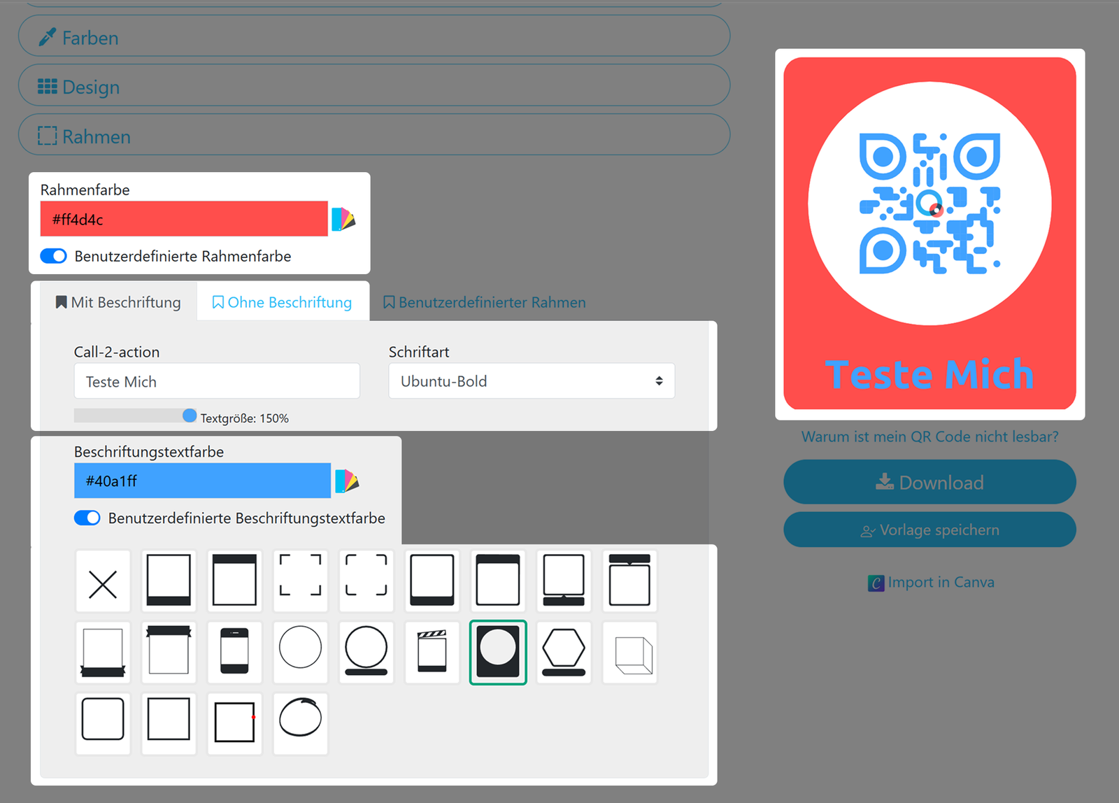 Screenshot der Sektion „Rahmen“ 
