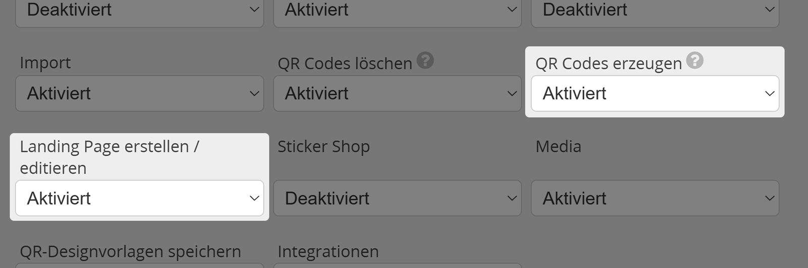 Screenshot der Einstellungen "QR Codes erstellen" und "Landing Pages erstellen/bearbeiten" im Tab "Berechtigungen" im Benutzermenü für Administratoren 