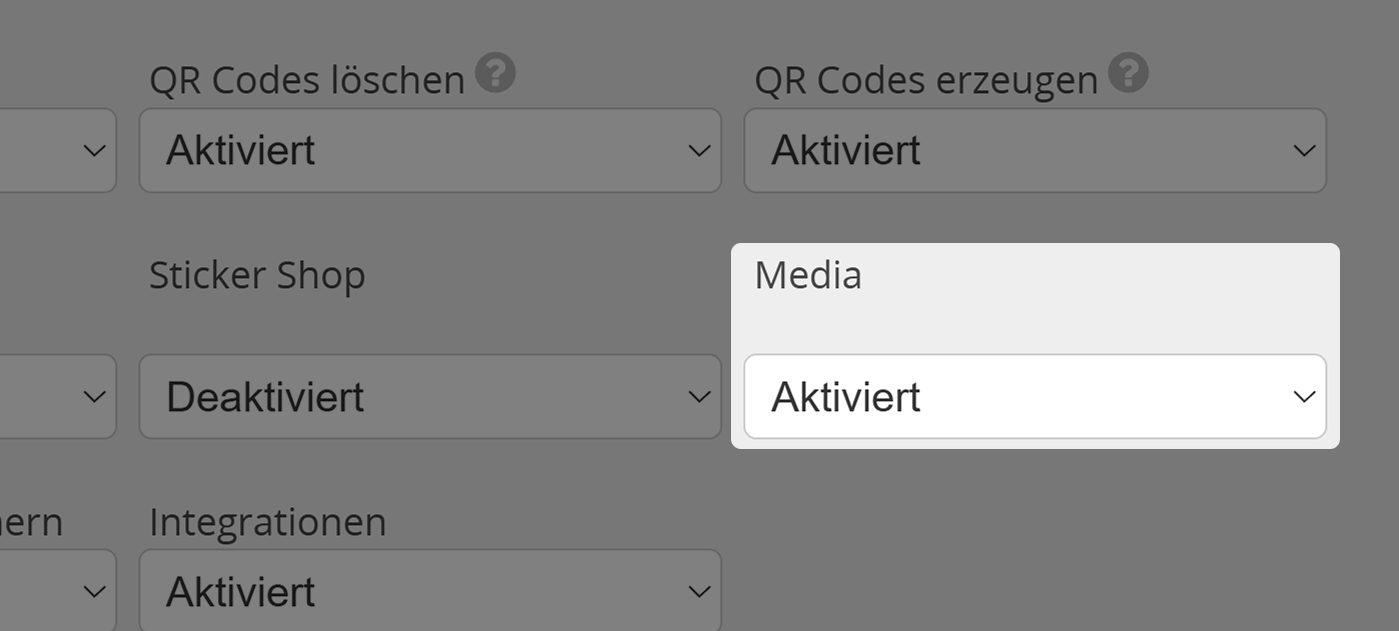 Screenshot der Einstellung "Medien" im Tab "Berechtigungen" im Benutzermenü für Administratoren 
