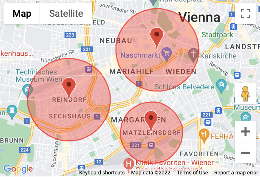 Geo-Fencing QR Code mit 3 Bereichen als Kreise