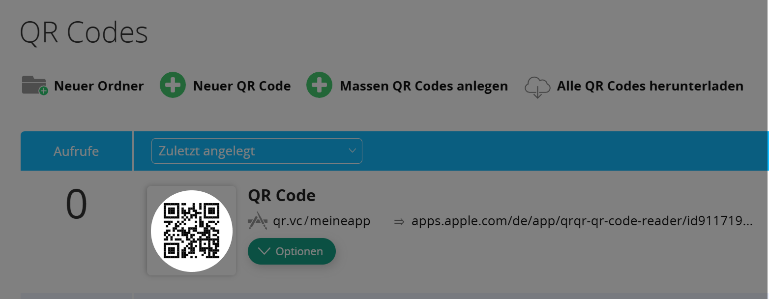 Screenshot App Store QR Code in QR Code Übersicht 