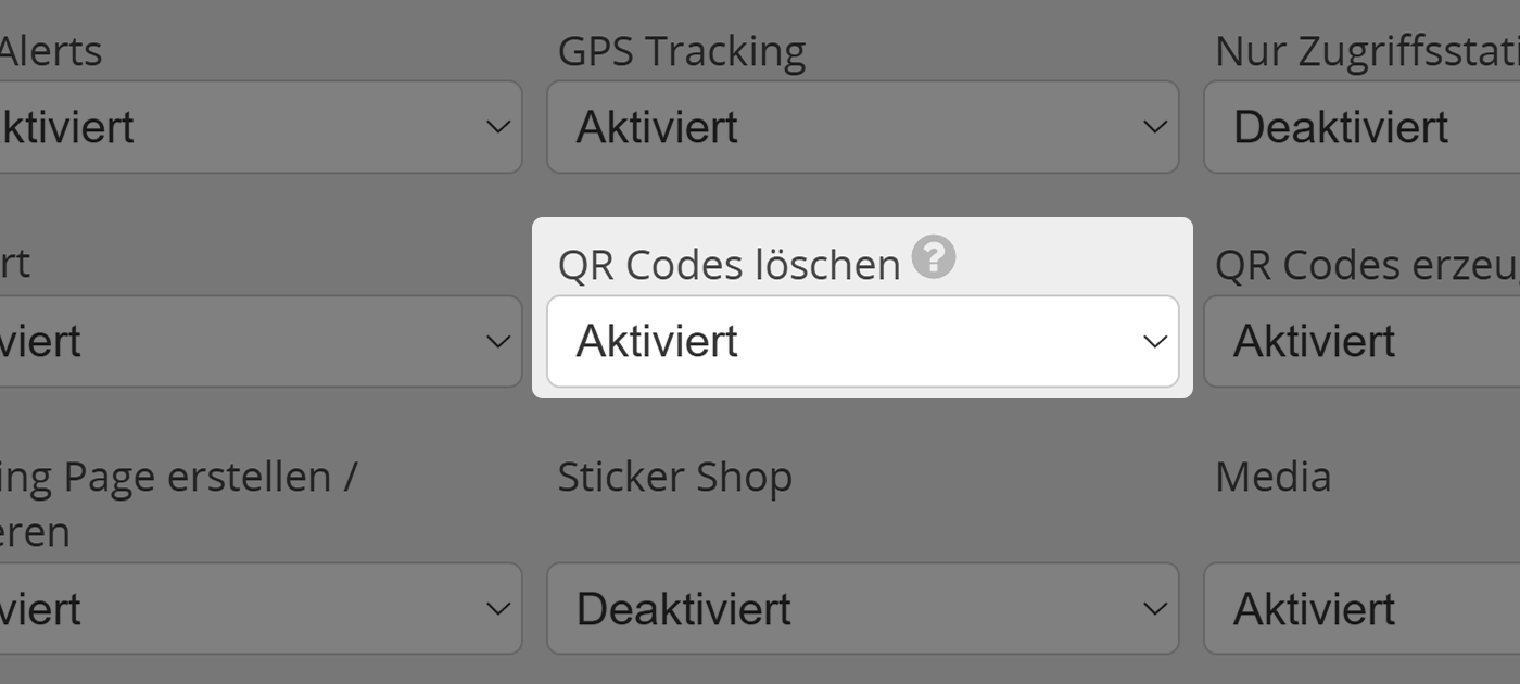 Screenshot der Einstellung "QR Codes löschen" im Tab "Berechtigungen" im Benutzermenü für Administratoren 
