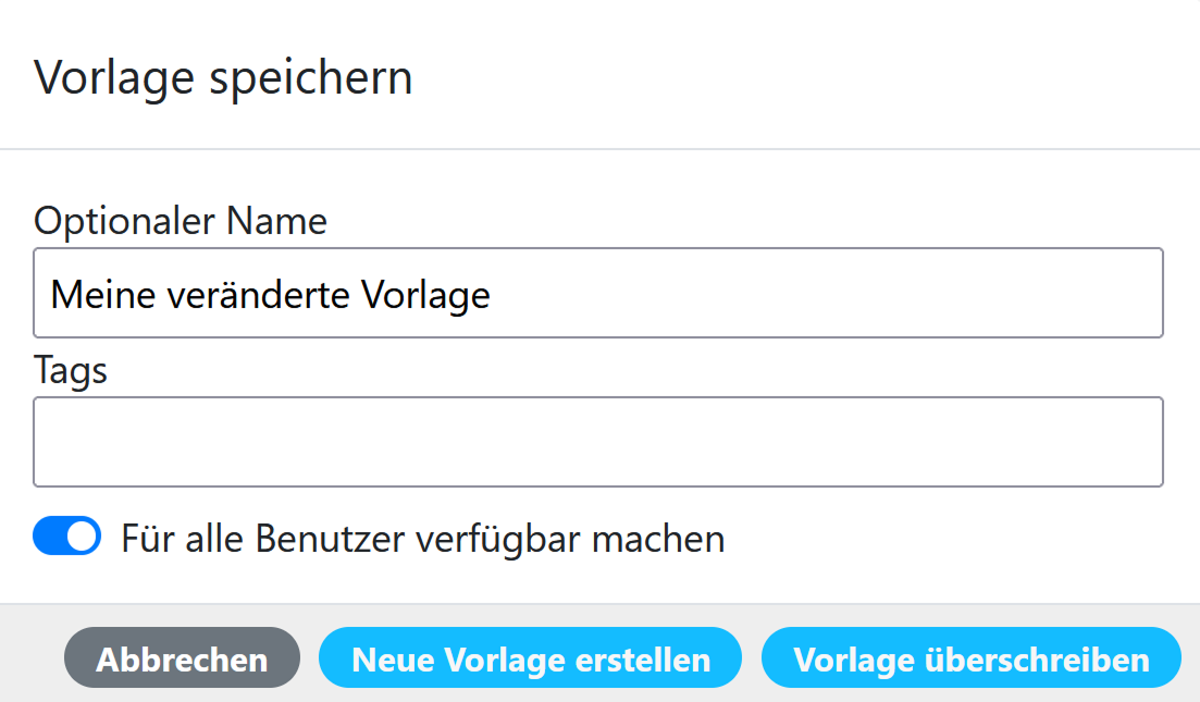 Screenshot Überschreiben oder Neuspeichern einer existierenden Vorlage
