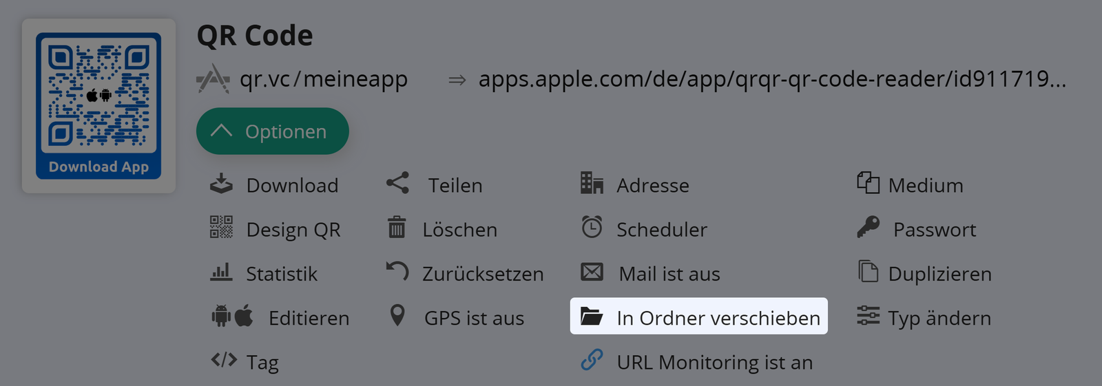 Screenshot der Schaltfläche "Mail" auf der Registerkarte "Optionen" eines QR Codes 