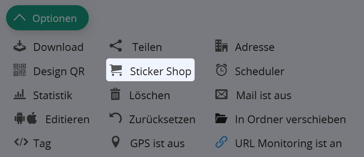 Screenshot der Schaltfläche "Sticker Shop" in QR Code Optionen 