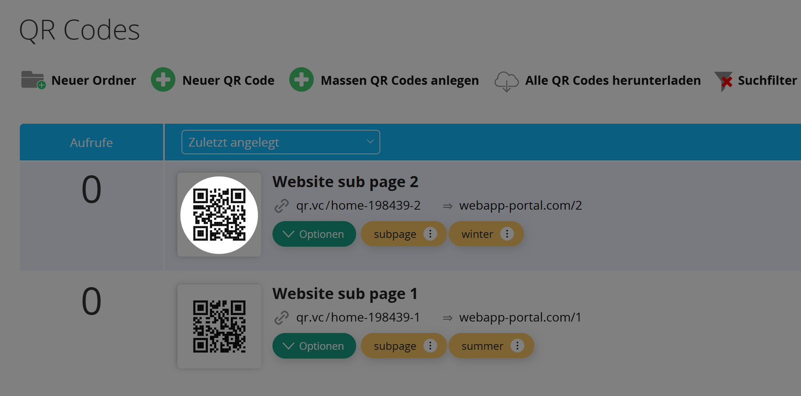 Screenshot der QR Code-Listenübersicht 