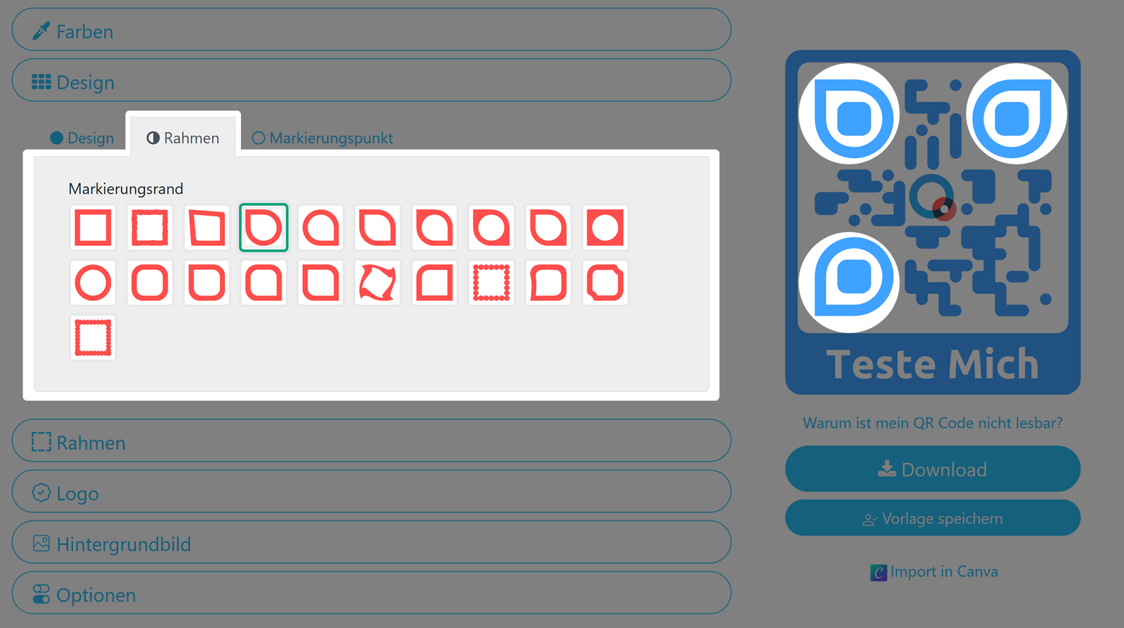 Screenshot der Registerkarte „Rahmen“ 