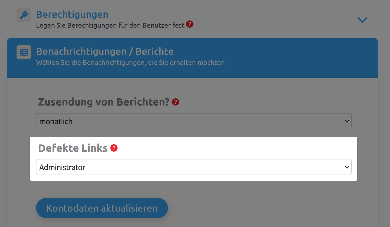 Screenshot Benachrichtigungsbereich in den Benutzereinstellungen 