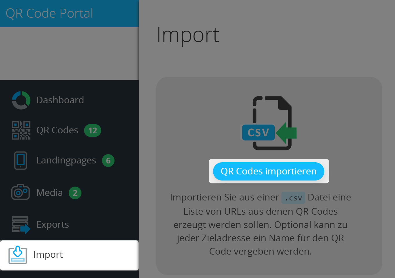 Screenshot der Import-Seite und der Schaltfläche "QR Codes importieren" 