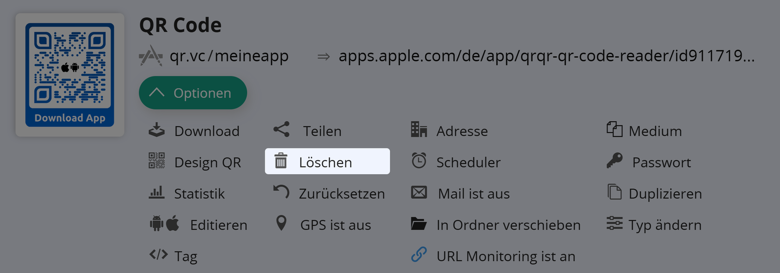 Screenshot der Schaltfläche "Löschen" auf der Registerkarte "Optionen" eines QR Codes 