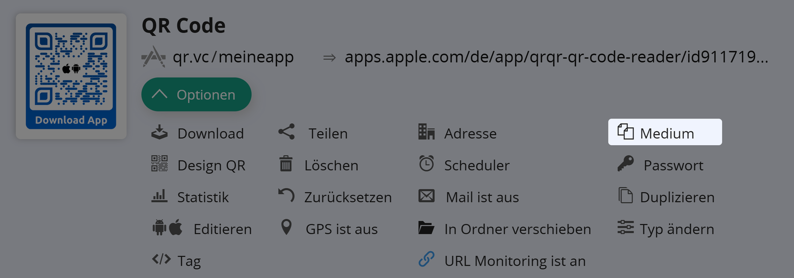 Screenshot der Schaltfläche "Medium" auf der Registerkarte "Optionen" eines QR Codes 
