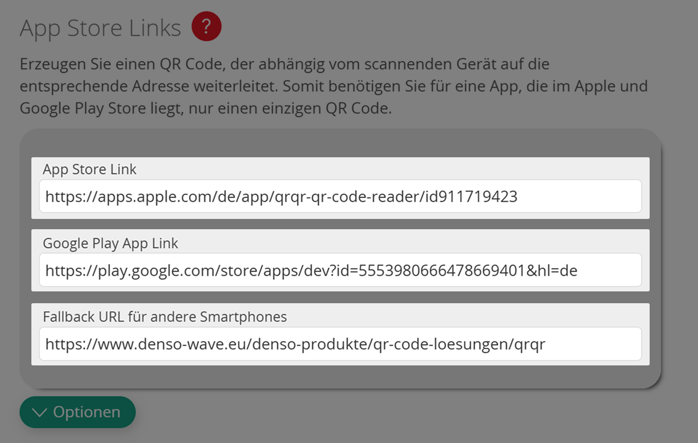 Screenshot der verschiedenen App Store Link-Eingabefelder 