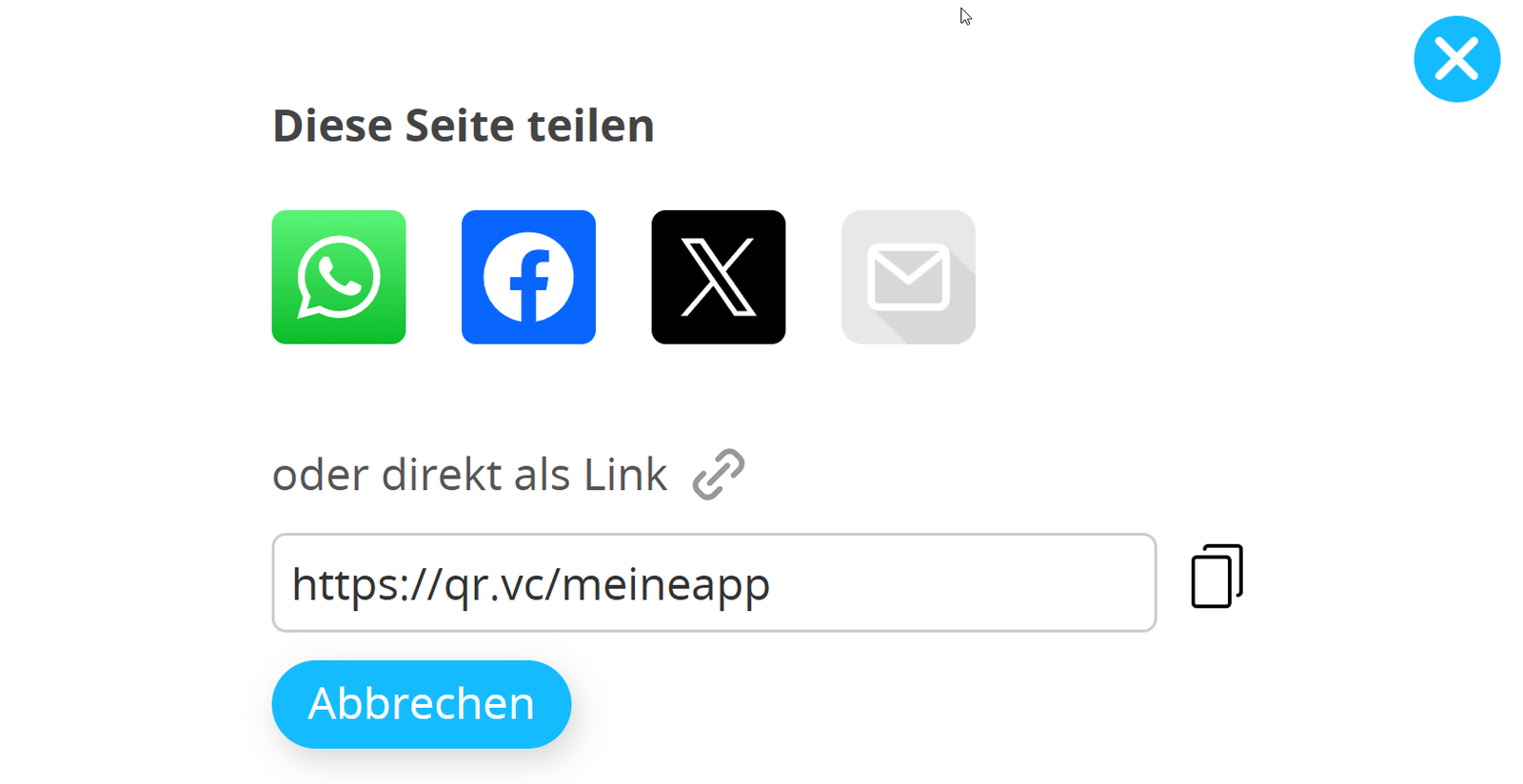 Screenshot der verschiedenen Optionen zum Teilen einer Kurz-URL 