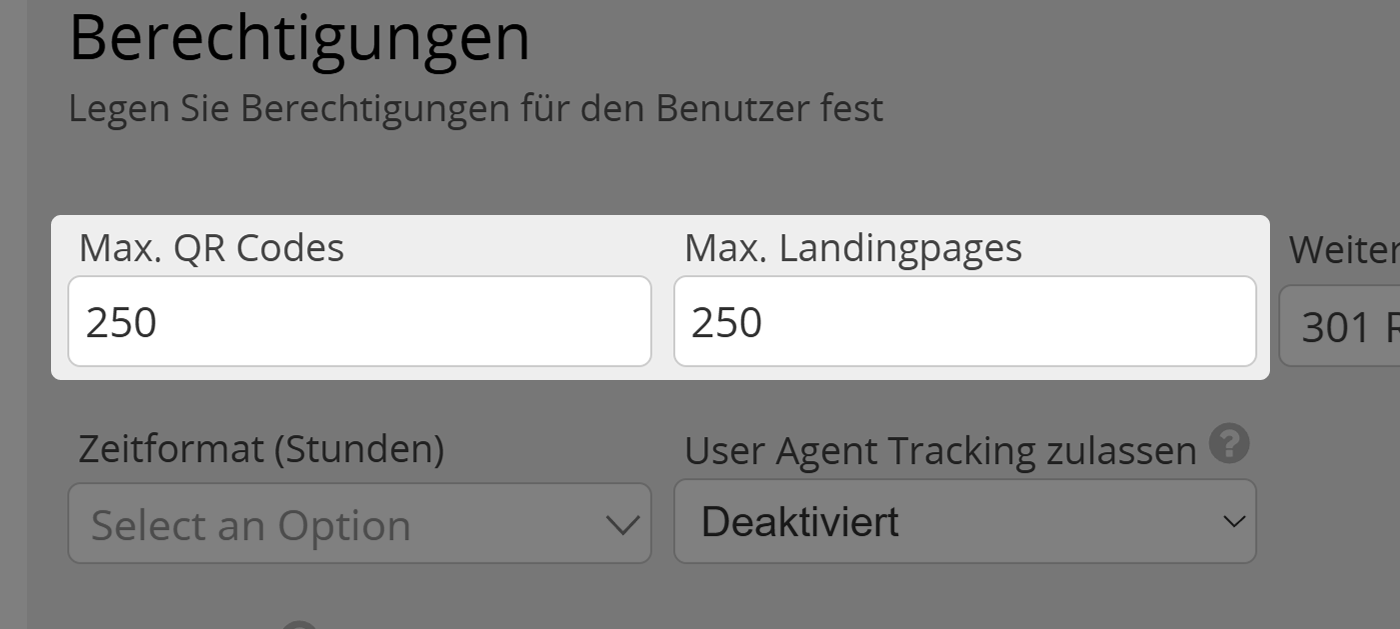 Screenshot der Einstellungen "Max. QR Codes" und "Max. Landing Pages" im Tab "Berechtigungen" im Benutzermenü für Administratoren 