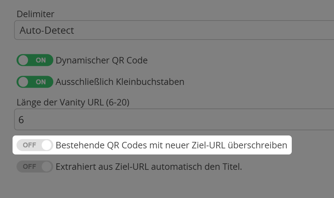 Screenshot der Option "Bestehende QR Codes überschreiben" beim Importieren von QR Codes 