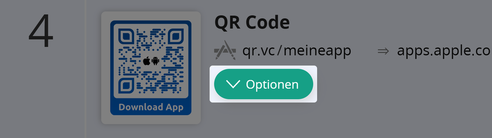 Screenshot der Schaltfläche "Optionen" in der QR Code Übersicht 