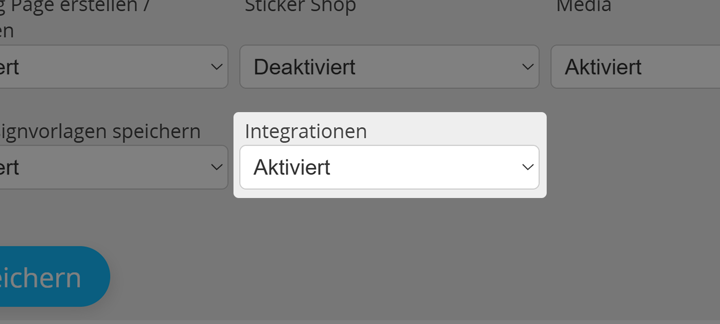 Screenshot der Einstellung "Integrationen" im Tab "Berechtigungen" im Benutzermenü für Administratoren 