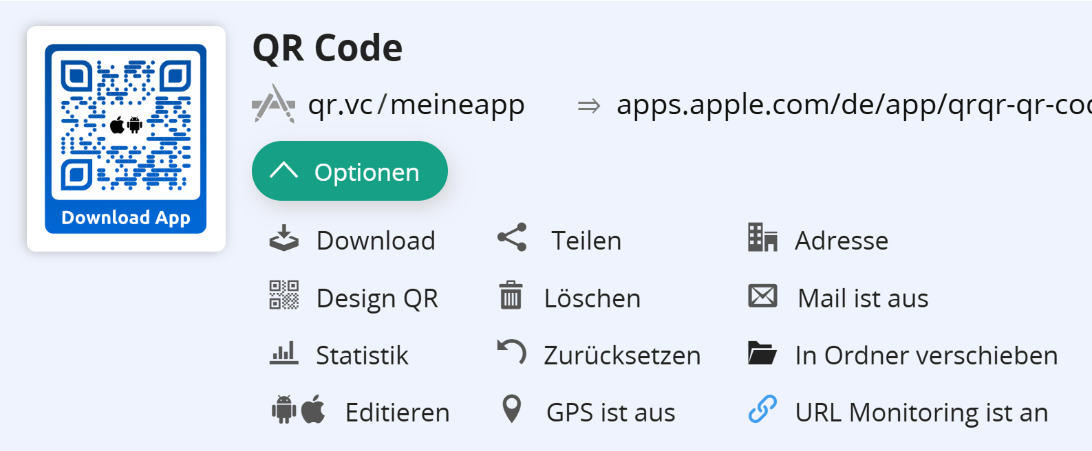 Screenshot der QR Code-Optionen mit ausgeblendeter Schaltfläche "Scheduler" 