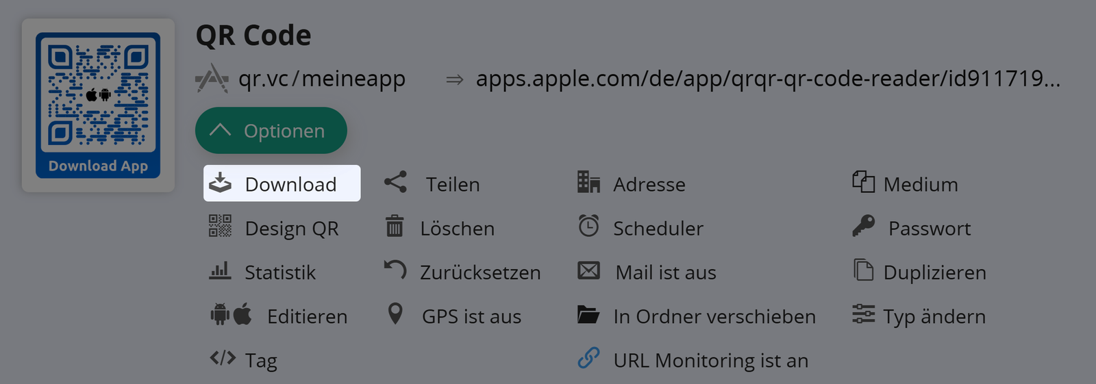 Screenshot der Schaltfläche "Herunterladen" auf der Registerkarte "Optionen" eines QR Codes 