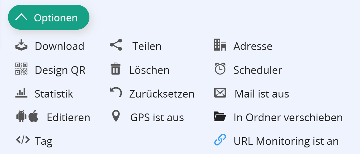 Screenshot der QR Code Optionen mit versteckter Schaltfläche "Sticker Shop" 