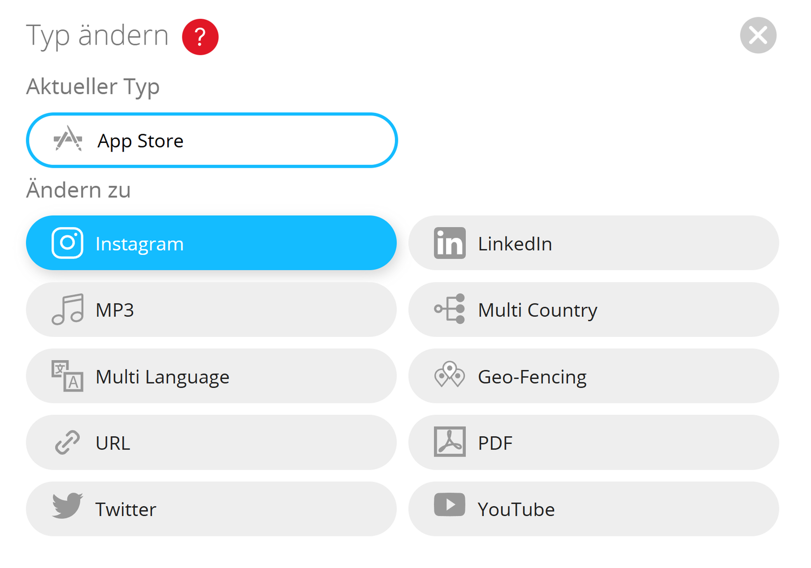 Screenshot des Bereichs "QR Code Typ ändern" 