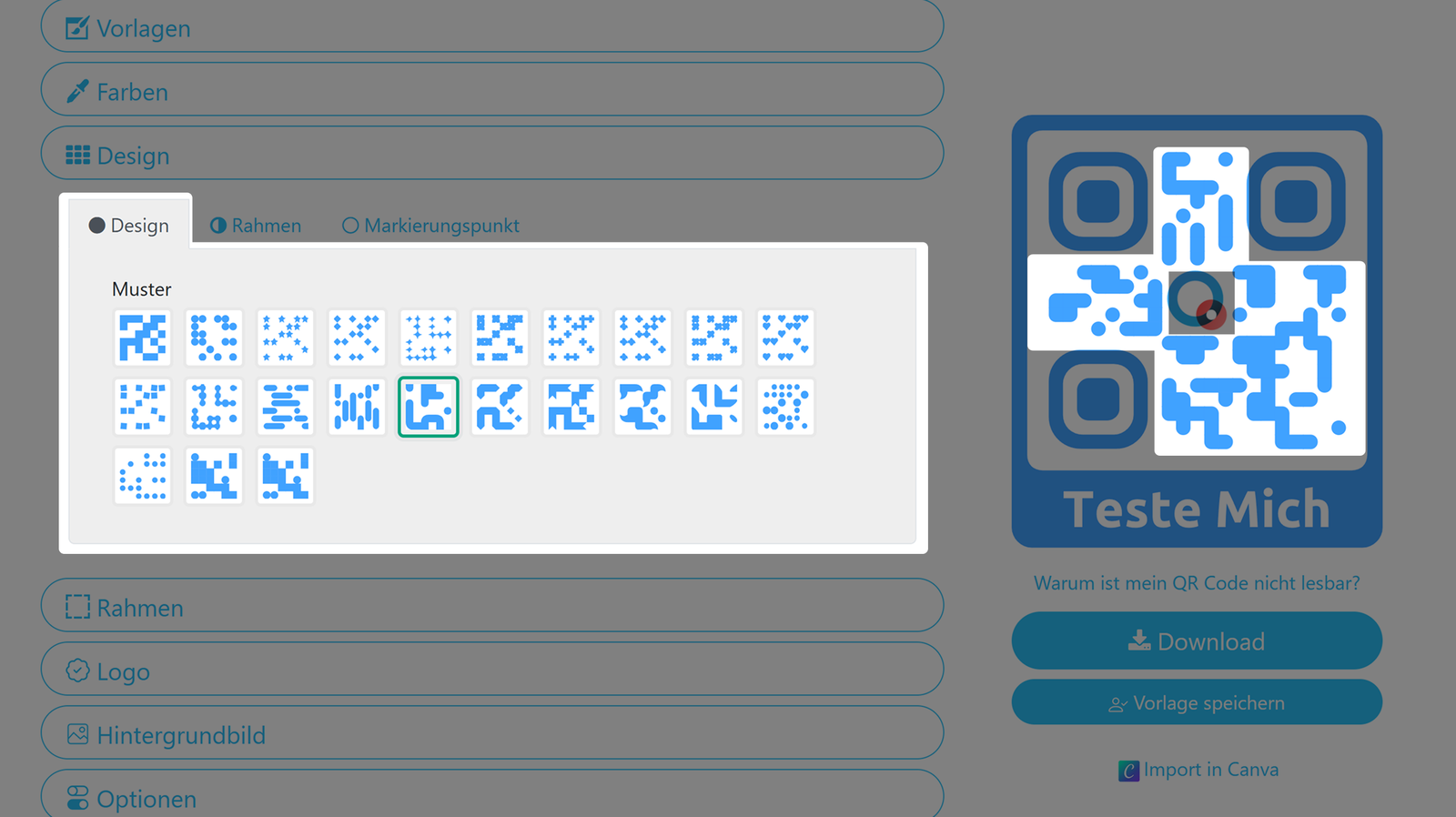 Screenshot der Registerkarte „Musterentwurf“ 