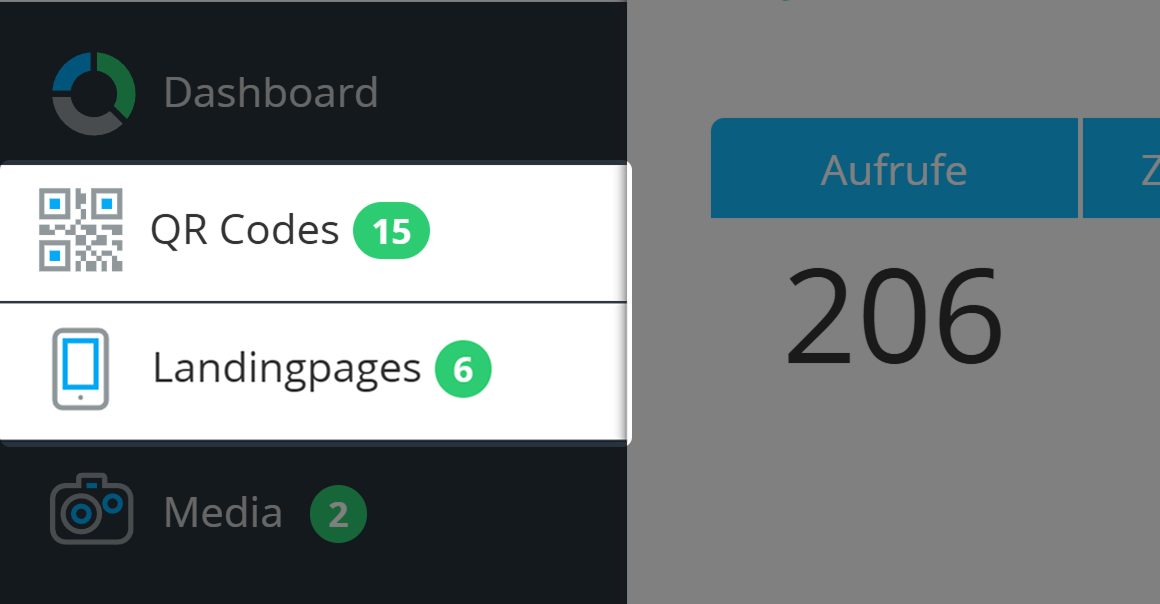 Screenshot der Schaltflächen "QR Codes" und "Landing Pages" im linken Hauptnavigationsmenü 