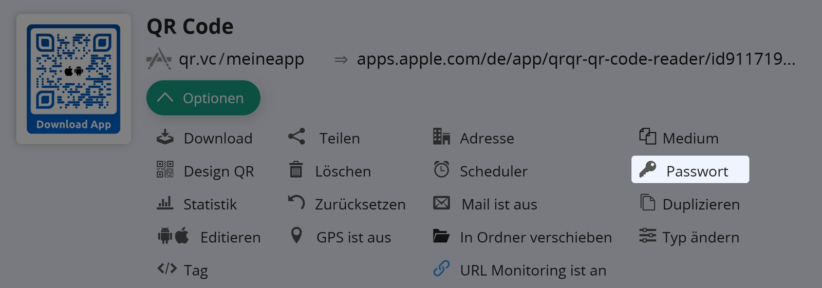 Screenshot der Schaltfläche "Medium" auf der Registerkarte "Optionen" eines QR Codes 