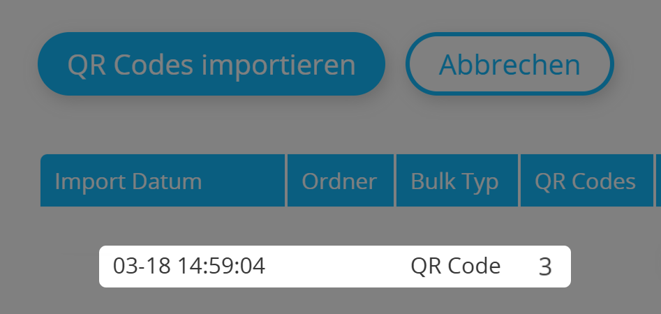 Screenshot der hochgeladenen QR Codes auf der Import-Seite 